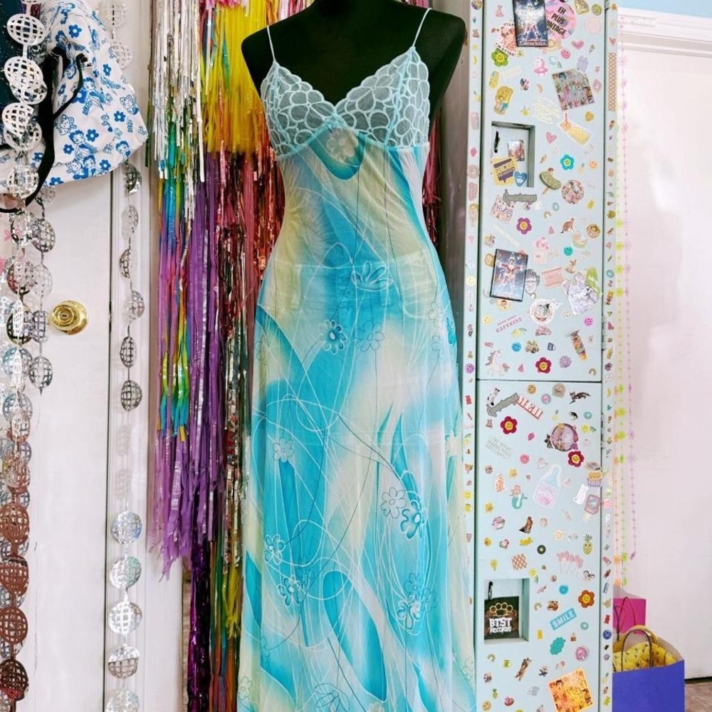 Vintage Y2K 2000s La Senza sheer blue and white maxi slip dress